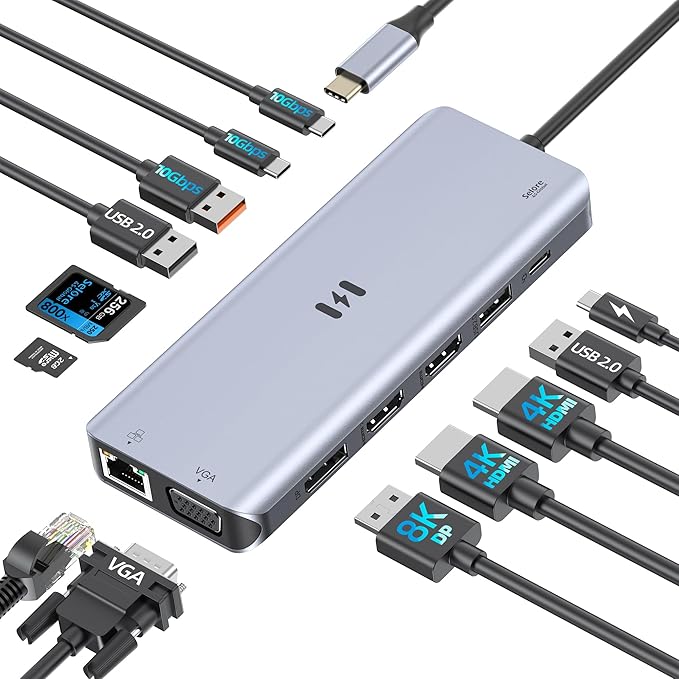 Upgrade your setup with a 13-in-1 USB C Docking Station Dual Monitor. Features triple display (2x 4K HDMI, DP, VGA), 100W PD, 10Gbps USB, Ethernet & SD/TF.