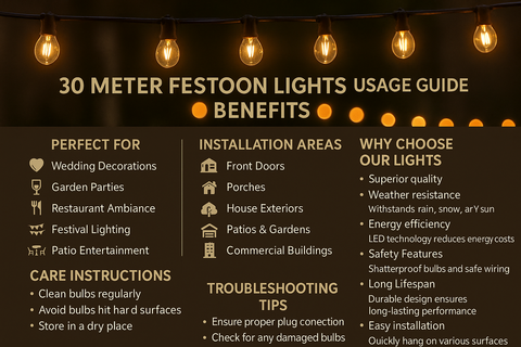 Usage guide for 30-meter festoon lights with benefits, installation areas, care instructions, and troubleshooting tips.