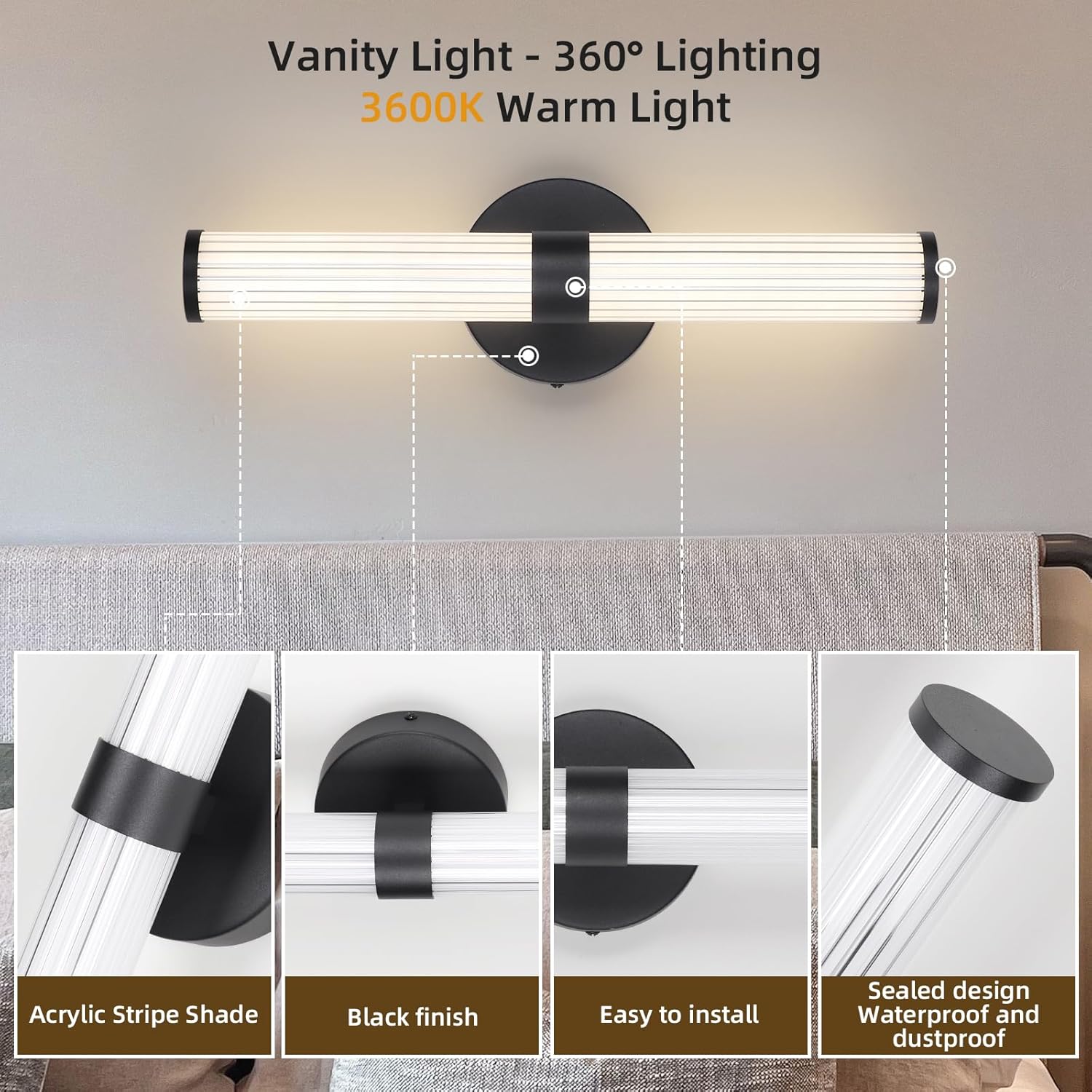 Vanity light fixture with 360-degree lighting and warm light, featuring black finish and acrylic stripe shade.