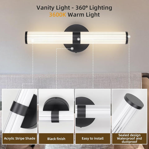 Vanity light fixture with 360-degree lighting and warm light, featuring black finish and acrylic stripe shade.
