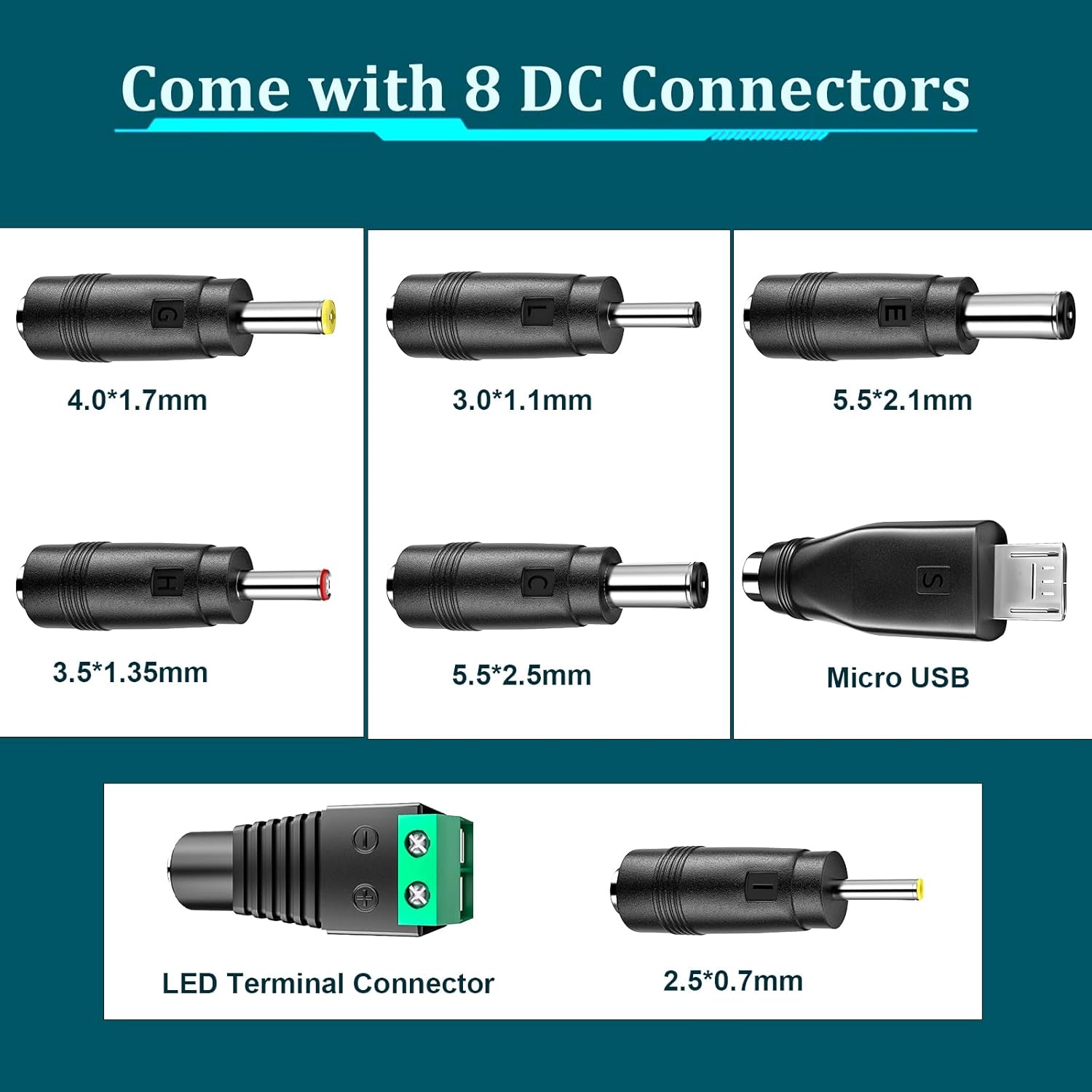 Various DC connectors displayed with specifications on a blue background