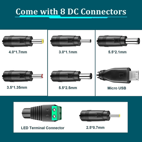 Various DC connectors displayed with specifications on a blue background