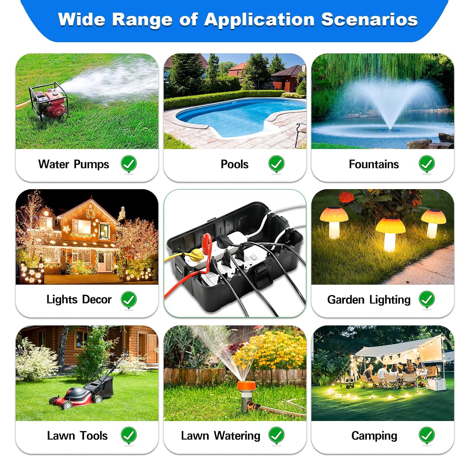 Various application scenarios for a product including water pumps, pools, fountains, lights decor, garden lighting, lawn tools, lawn watering, and camping.