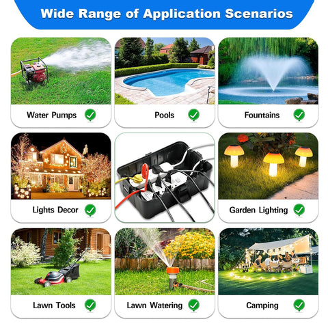 Various application scenarios for a product including water pumps, pools, fountains, lights decor, garden lighting, lawn tools, lawn watering, and camping.