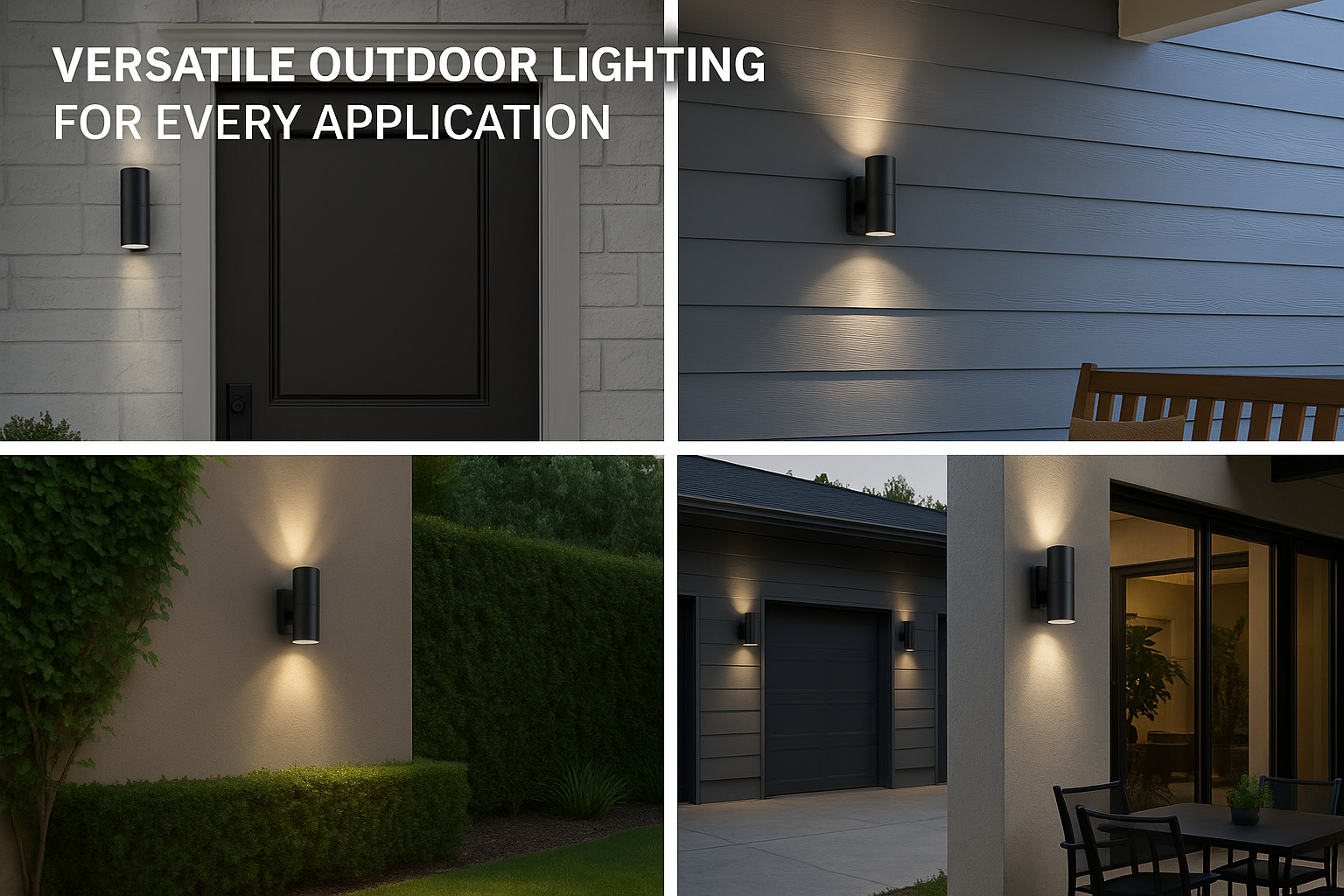 Versatile outdoor lighting fixtures in various settings on a house exterior.