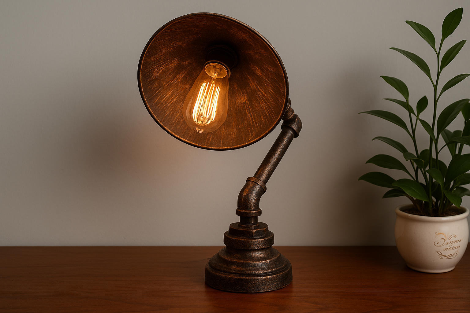 Vintage-style desk lamp with a lit bulb on a wooden surface next to a plant.