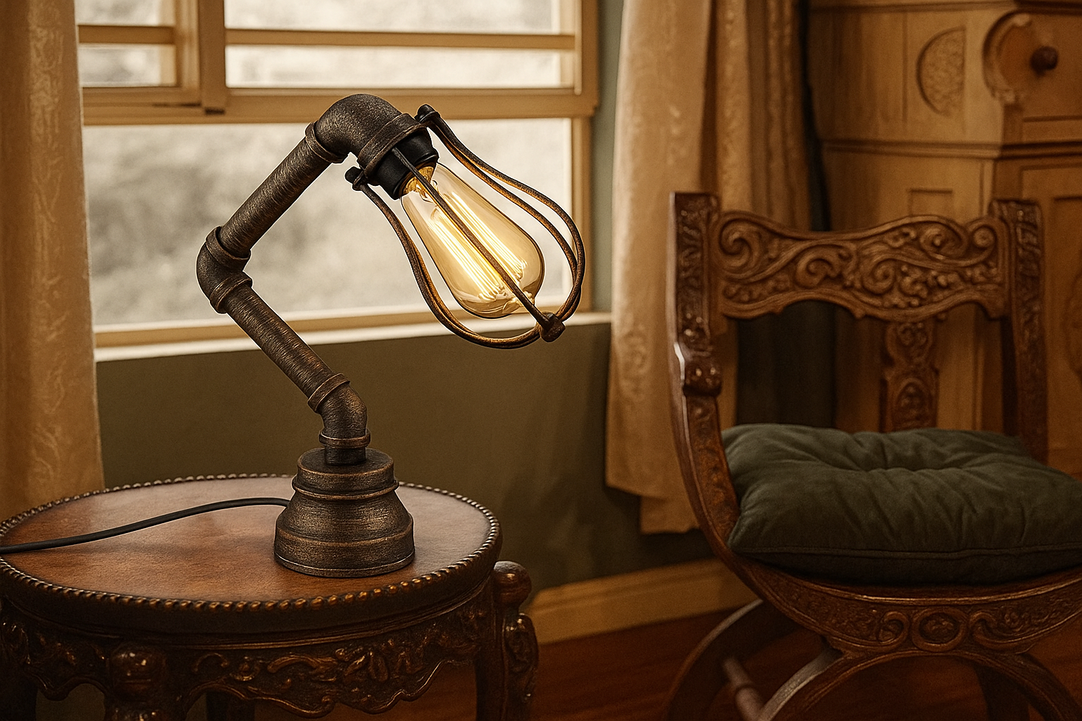 Vintage-style lamp on a wooden table with a chair and window in the background