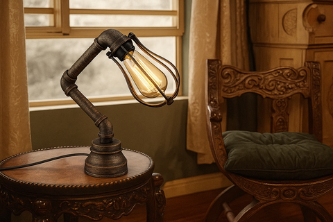 Vintage-style lamp on a wooden table with a chair and window in the background