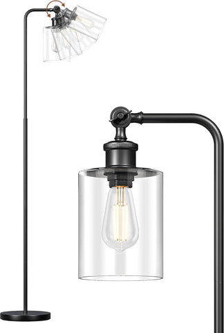 Vintage-style lamp with clear glass shade and black metal arm on a white background