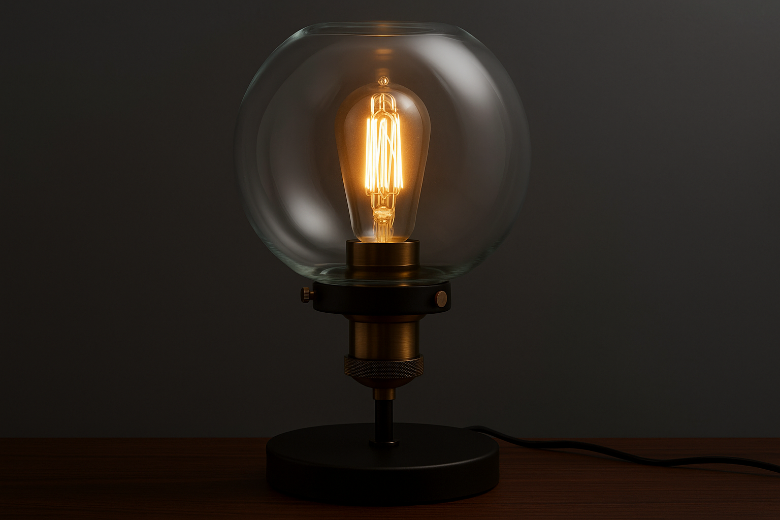 Vintage-style light bulb in a clear glass shade on a dark background