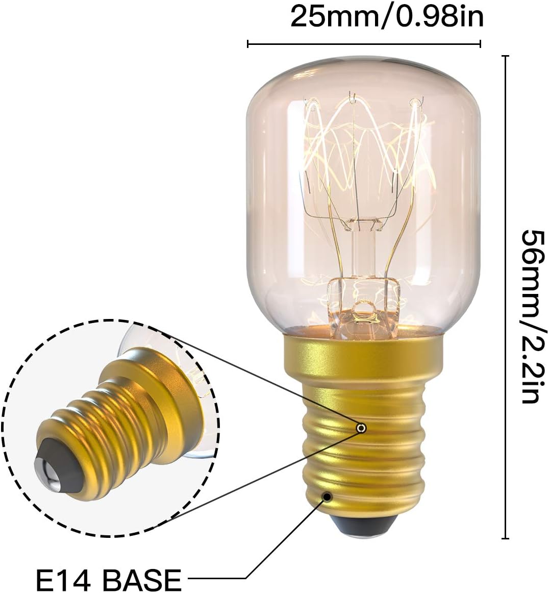 Vintage-style light bulb with E14 base and dimensions labeled