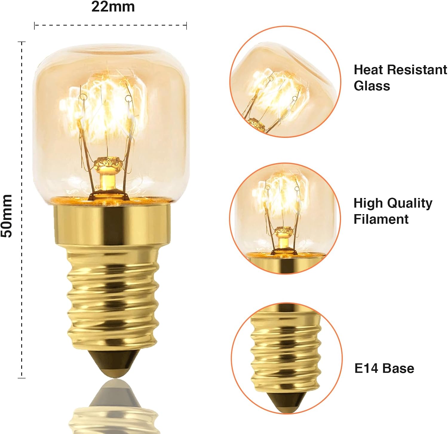 Vintage-style light bulb with measurements and features highlighted on a white background