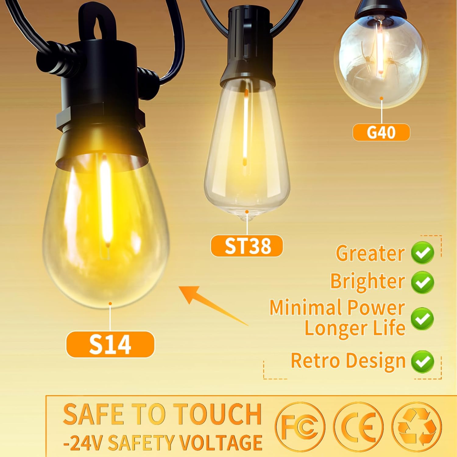 Vintage-style light bulbs with specifications on a yellow background