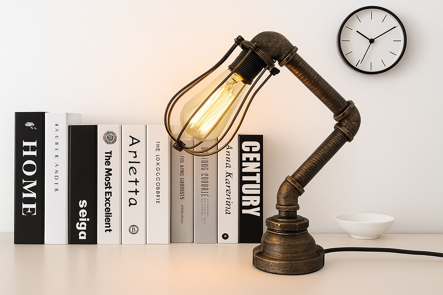 Vintage-style table lamp with a warm light bulb on a shelf with books and a clock.