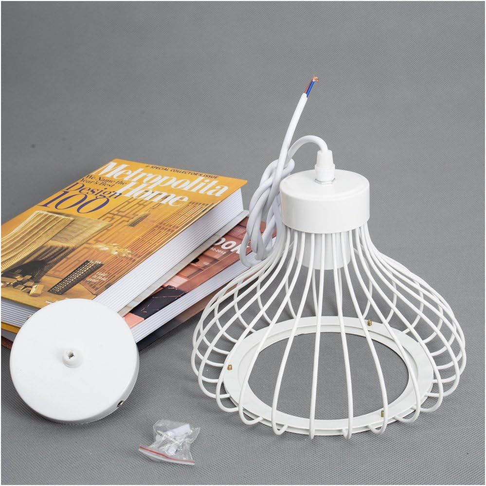 Vintage art cage pendant light hanging over a dining table.

