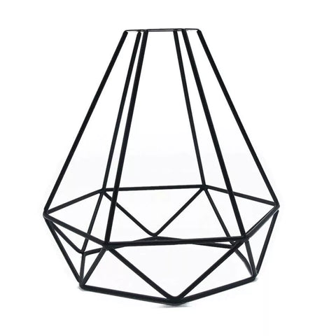 Close-up of geometric wire cage lampshade

