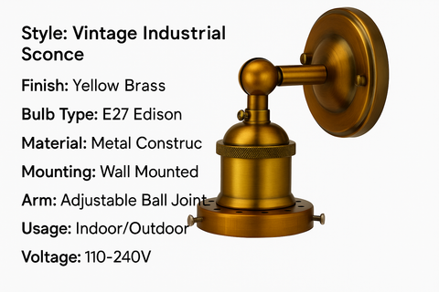 Vintage Industrial Sconce with yellow brass finish on a white background