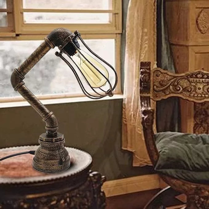 Vintage Industrial Steampunk Brushed Copper Water Pipe Bedside Desk Lamp Lights