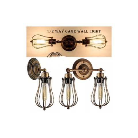 Vintage industrial wall light with metal cage – UK interior.


