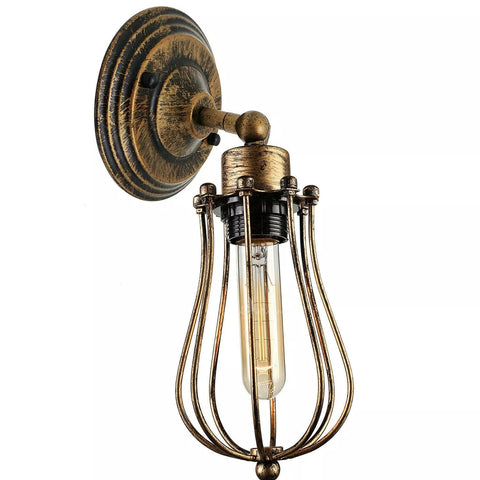 Vintage industrial wall light with metal cage – UK interior.

