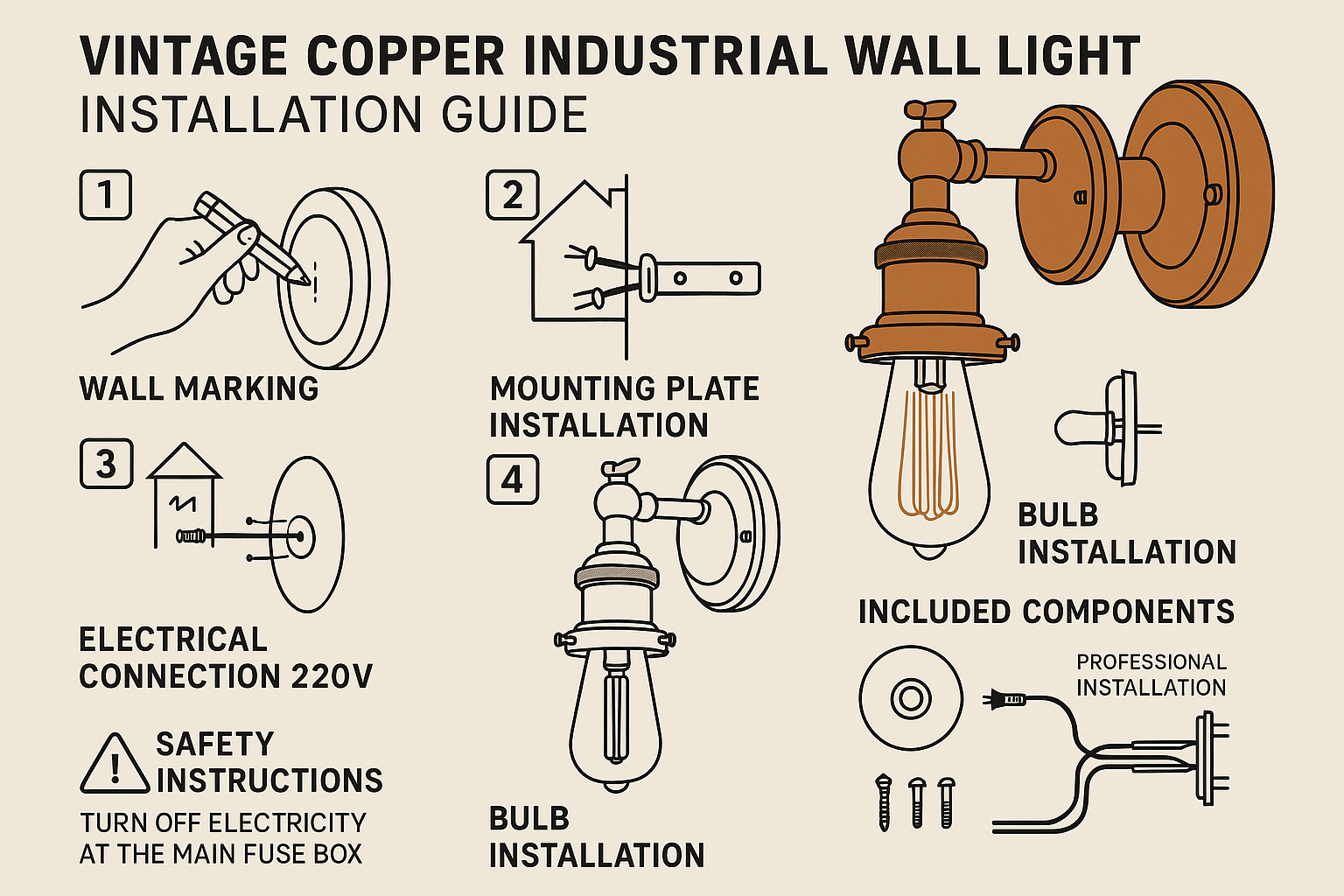 Vintage copper industrial wall light installation guide with step-by-step instructions.