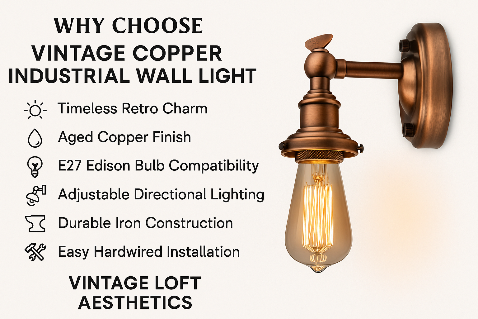 Vintage copper industrial wall light with features listed on a white background