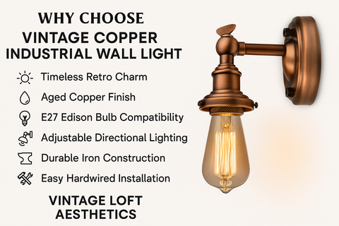 Vintage copper industrial wall light with features listed on a white background