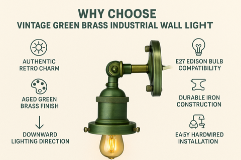 Vintage green brass industrial wall light with compatibility features listed on a beige background