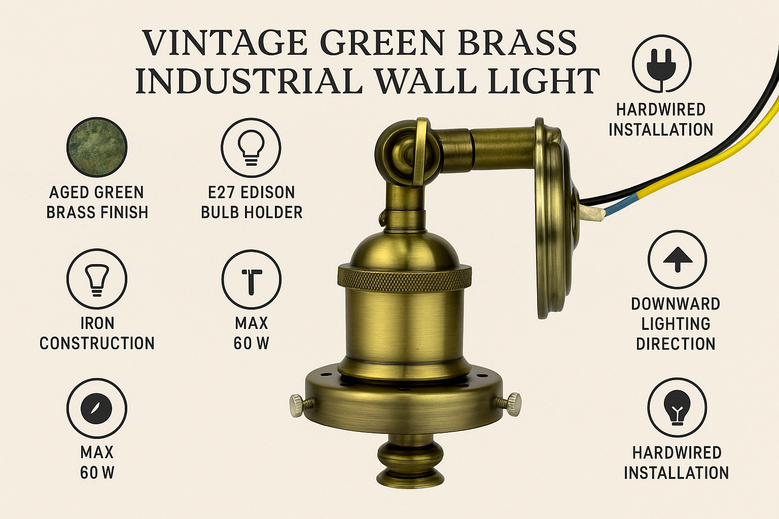 Vintage green brass industrial wall light with features listed on a beige background