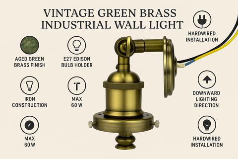 Vintage green brass industrial wall light with features listed on a beige background