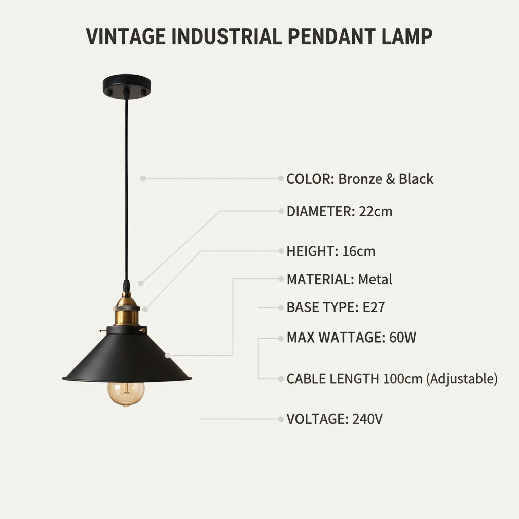 Vintage industrial pendant lamp with specifications on a white background