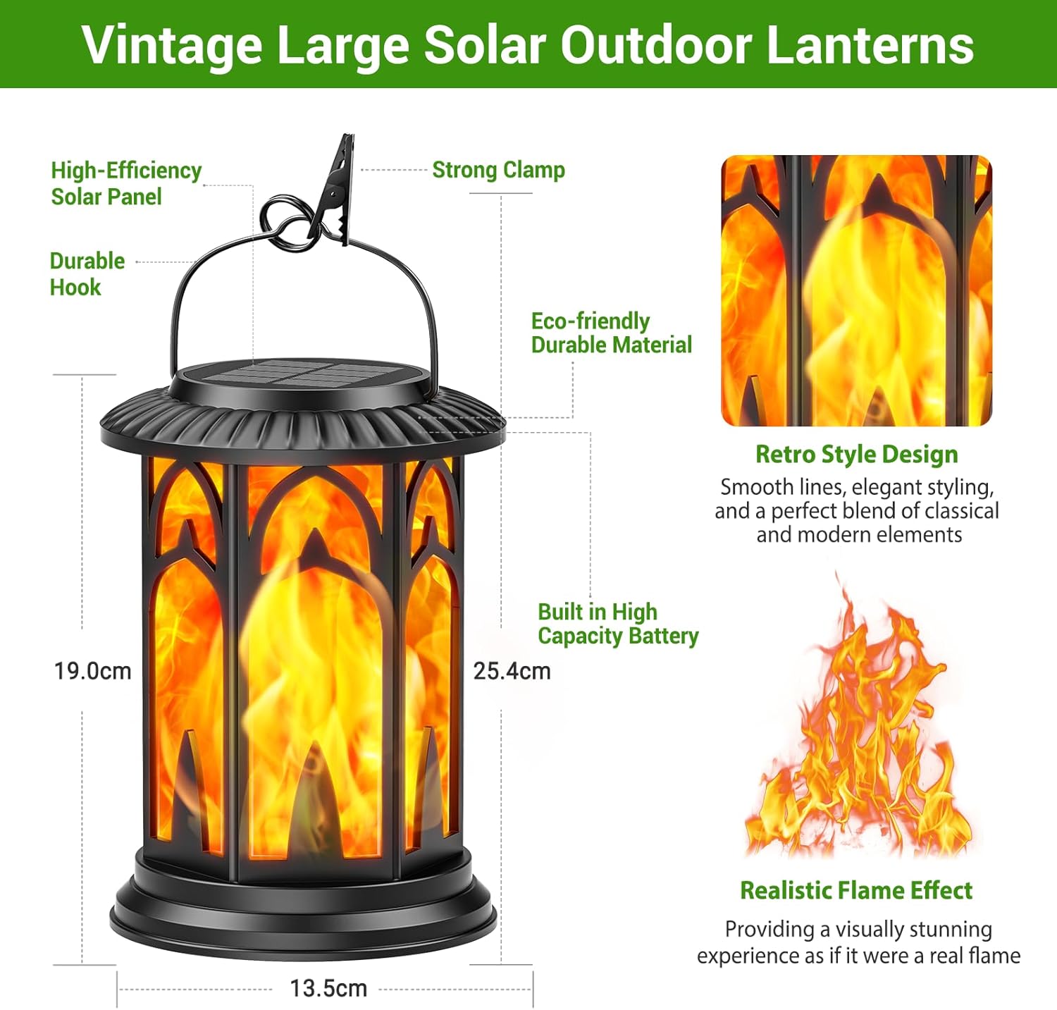 Vintage large solar outdoor lantern with flame effect, features listed, and dimensions.