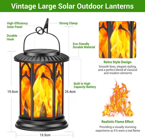 Vintage large solar outdoor lantern with flame effect, features listed, and dimensions.