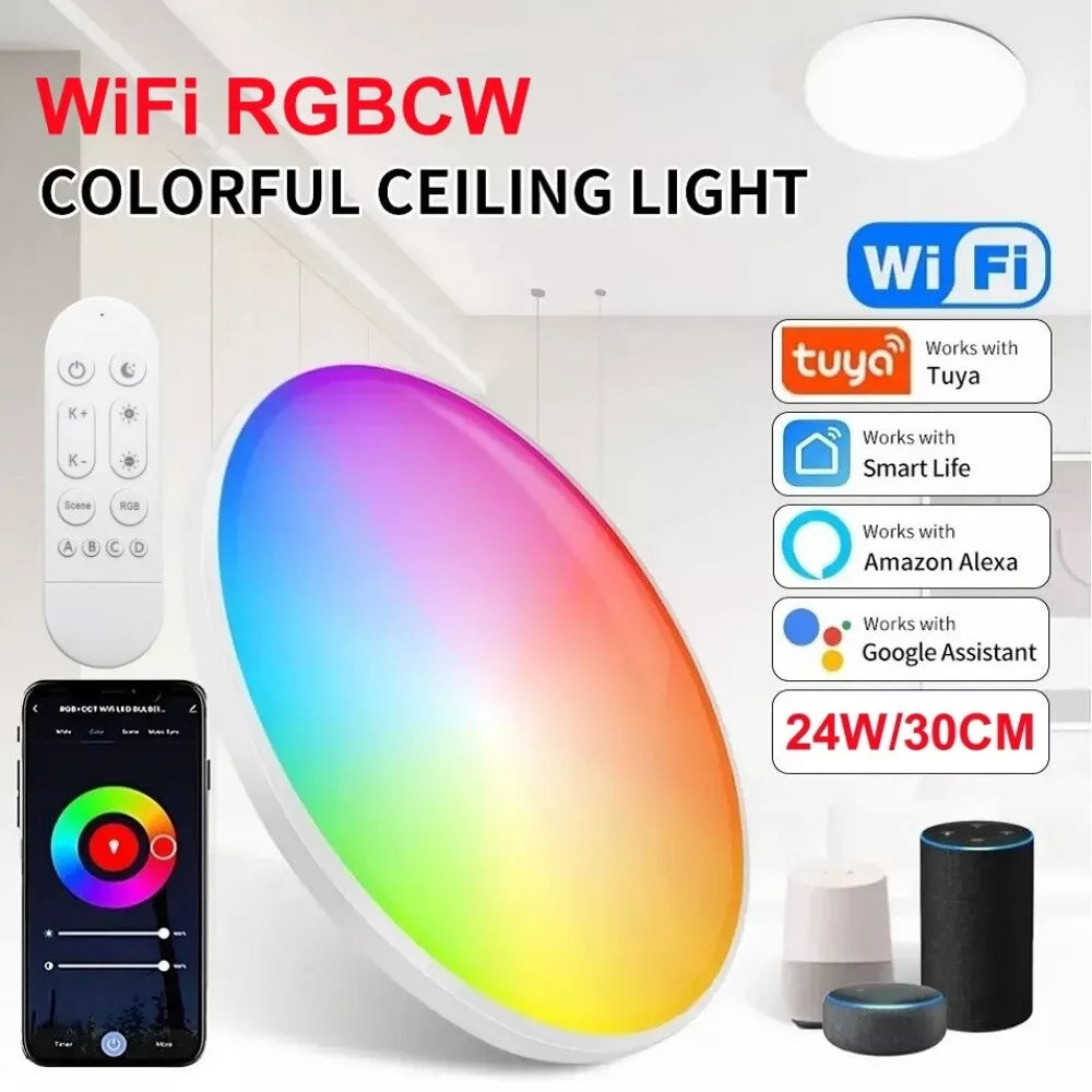WIFI RGB+CCT Smart Ceiling Light - 24w 12inch Flush Mount Ceiling Light Dimmable 3000-6500K Alexa/Google Assistant / App Control Color Changing LED Ceiling Light Fixture for Living Room Bedroom (Copy)
