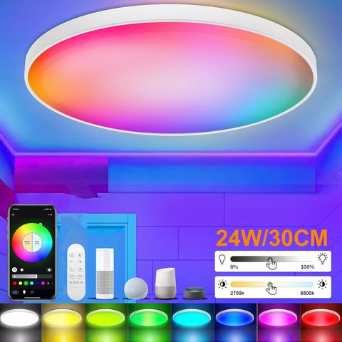 WIFI RGB+CCT Smart Ceiling Light - 24w 12inch Flush Mount Ceiling Light Dimmable 3000-6500K Alexa/Google Assistant / App Control Color Changing LED Ceiling Light Fixture for Living Room Bedroom (Copy)
