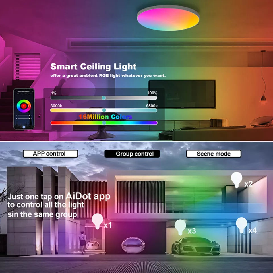 WIFI RGB+CCT Smart Ceiling Light - 24w 12inch Flush Mount Ceiling Light Dimmable 3000-6500K Alexa/Google Assistant / App Control Color Changing LED Ceiling Light Fixture for Living Room Bedroom (Copy)
