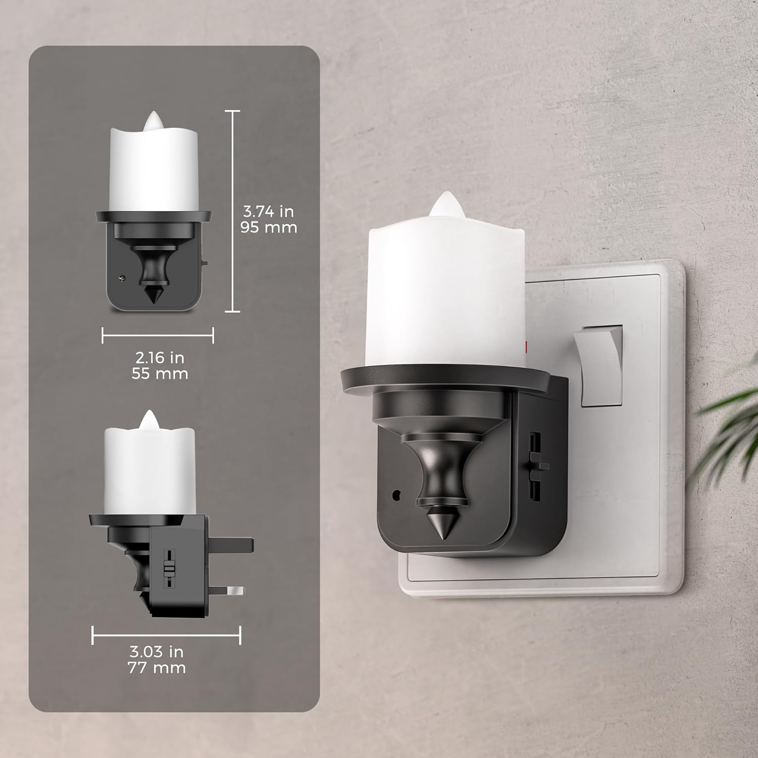 Wall-mounted candle holder with dimensions displayed on a gray background