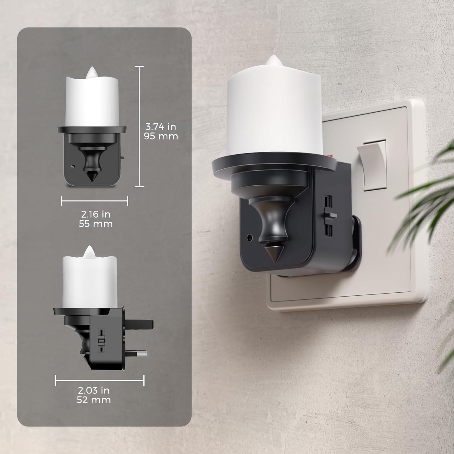 Wall-mounted candle holder with dimensions displayed on a wall.