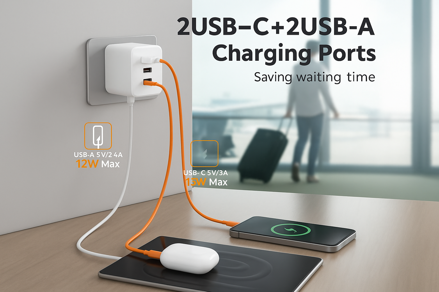 Wall-mounted charging station with multiple USB ports on a desk, with a blurred background of people walking.