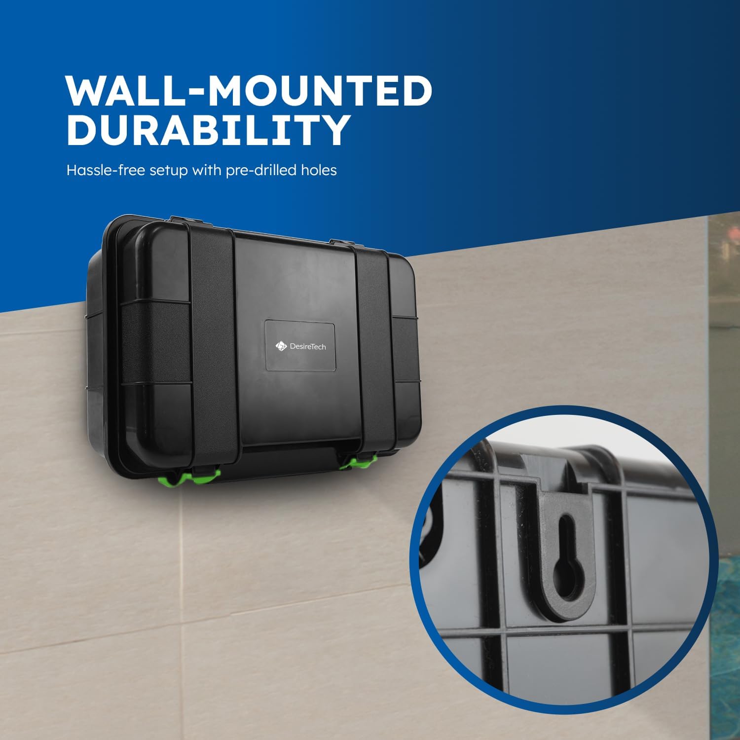 Wall-mounted durability product with pre-drilled holes on a tiled wall.