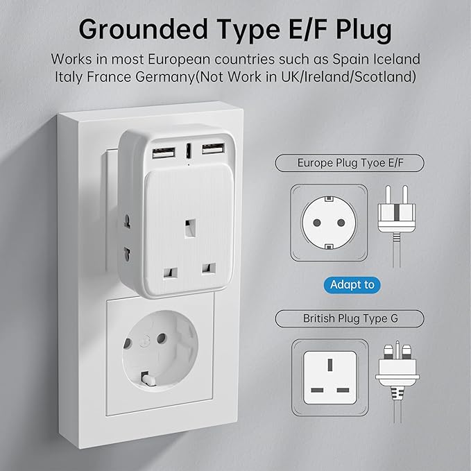Wall-mounted electrical adapter with multiple plug types on a gray background