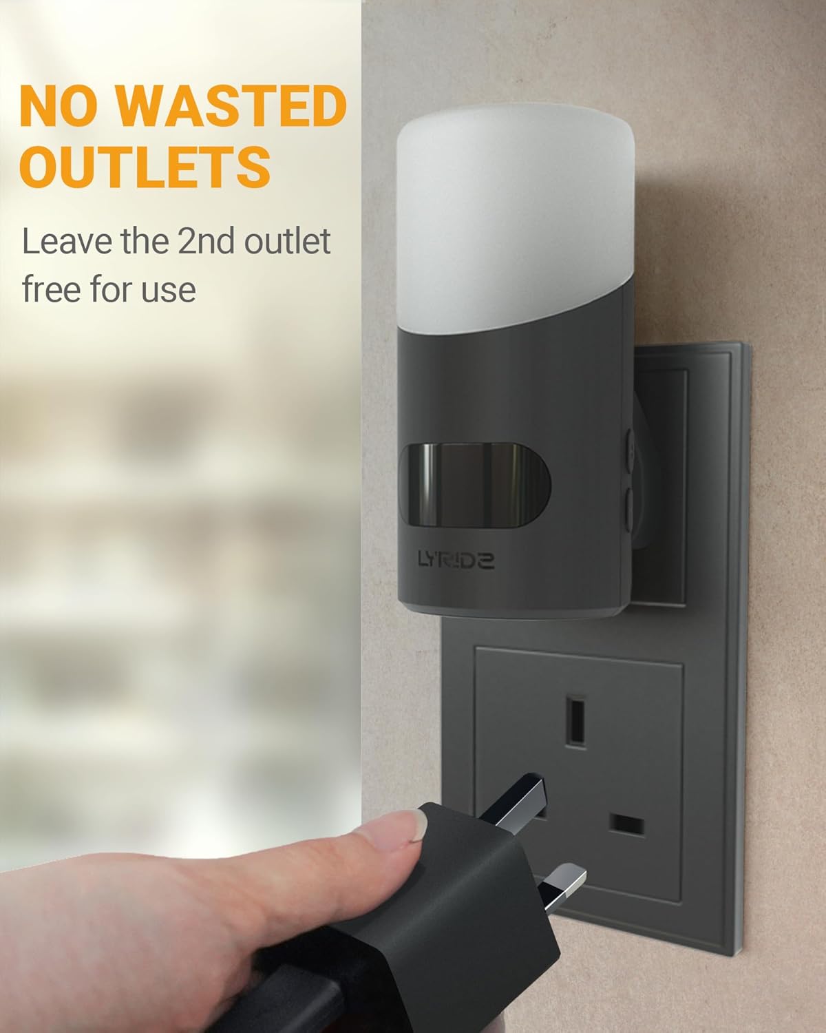 Wall-mounted electrical outlet with a device attached, showing 'No Wasted Outlets' text.