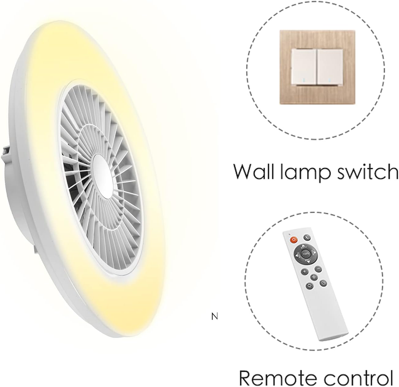 Wall-mounted fan with remote control and wall lamp switch on a white background