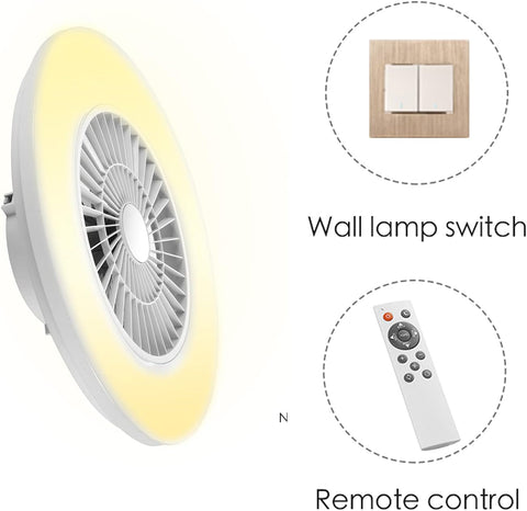 Wall-mounted fan with remote control and wall lamp switch on a white background