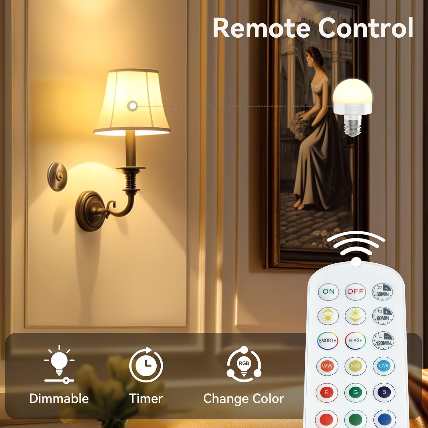 Wall-mounted lamp with a remote control displaying features like dimmable, timer, and color change.