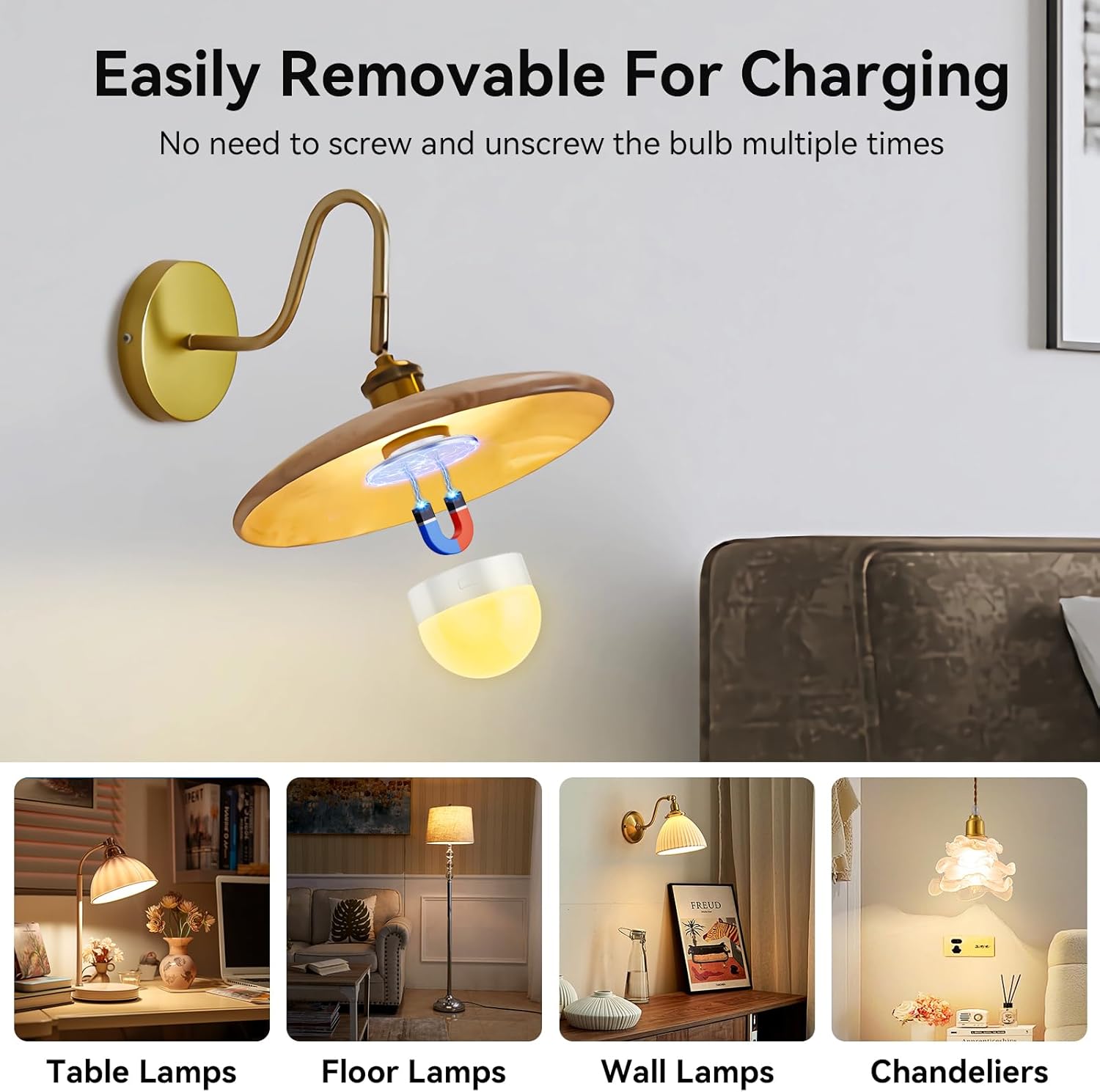 Wall-mounted lamp with a removable bulb design, shown in various settings.