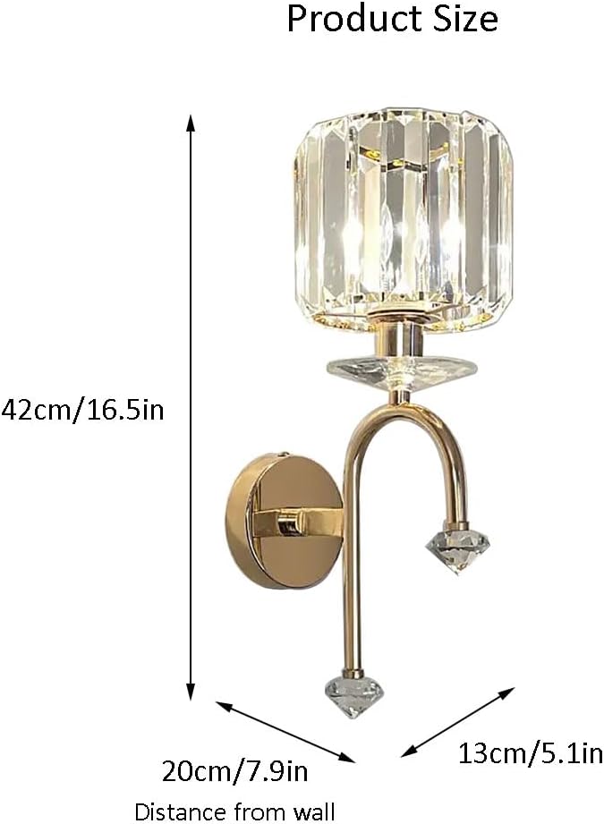 Wall-mounted lamp with crystal design and gold finish, showing product size and dimensions.