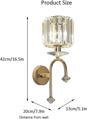 Wall-mounted lamp with crystal design and gold finish, showing product size and dimensions.