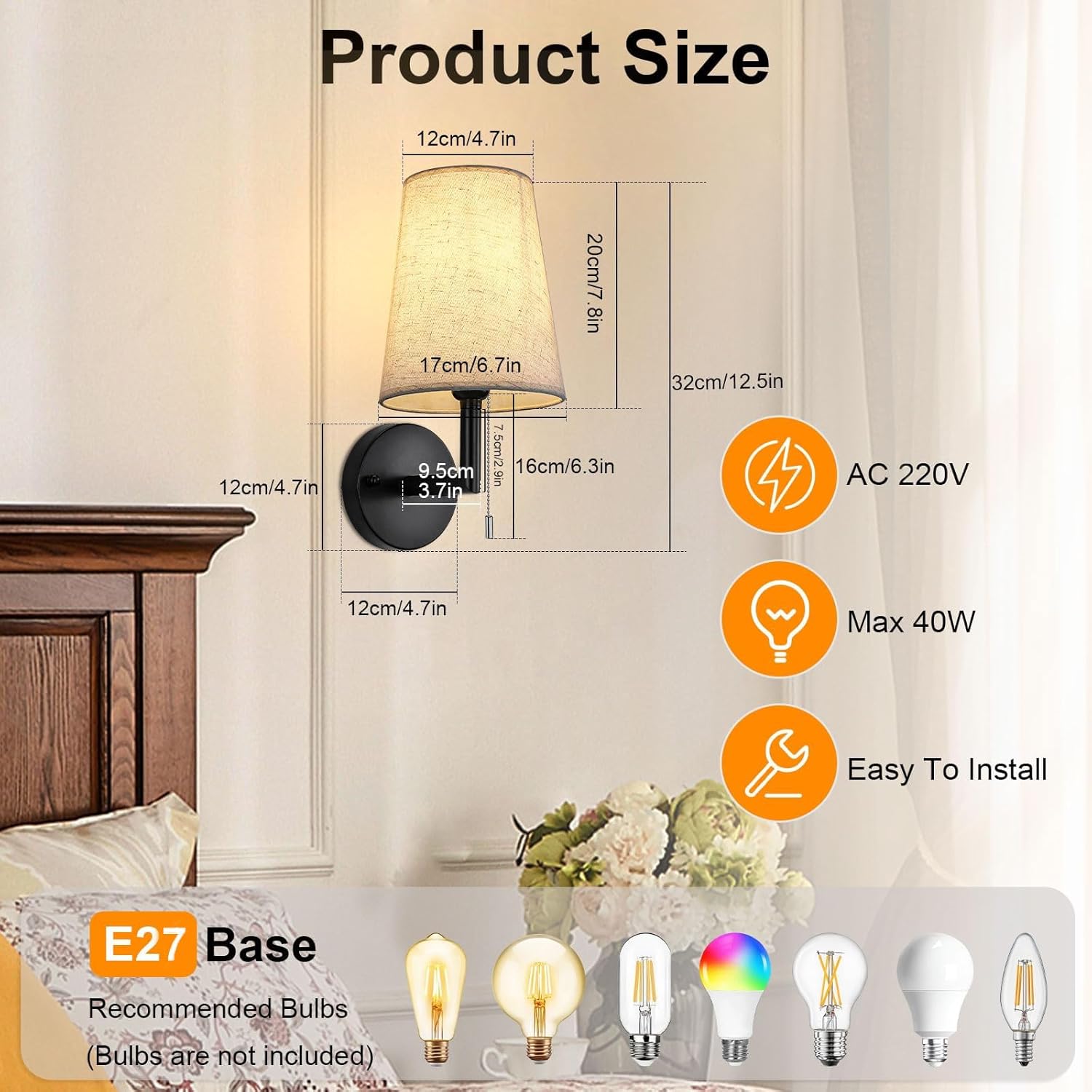 Wall-mounted lamp with dimensions and compatibility information displayed.