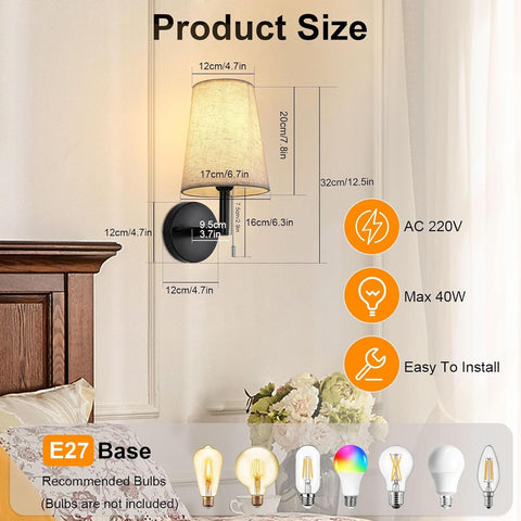 Wall-mounted lamp with dimensions and compatibility information displayed.